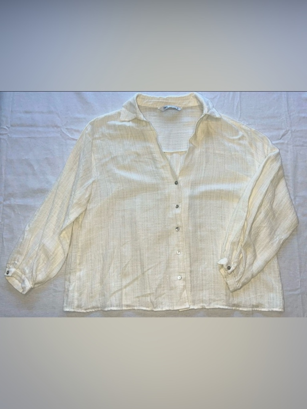 Zara Cream Linen Blend Button Down Shirt Gold Lurex Shimmer Beach Layering Piece